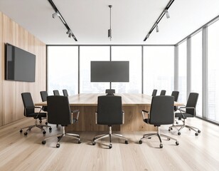 Modern conference room with large table and black chairs