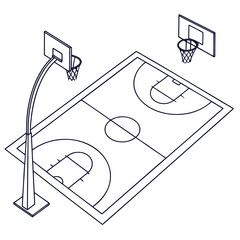 Fototapeta premium Isometric outline drawing of a basketball court with two hoops and backboards on a white background
