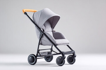 Modern stroller design in gray fabric showcased on minimalist studio background