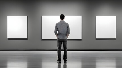 Fototapeta premium Individual Contemplating Blank Canvases in Contemporary Art Gallery with Minimalist Aesthetic