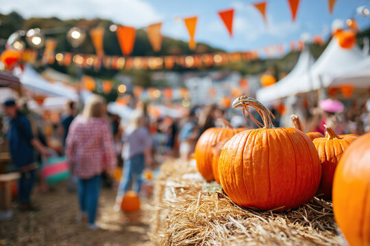 Colorful pumpkin festival in a vibrant outdoor market with festive decorations