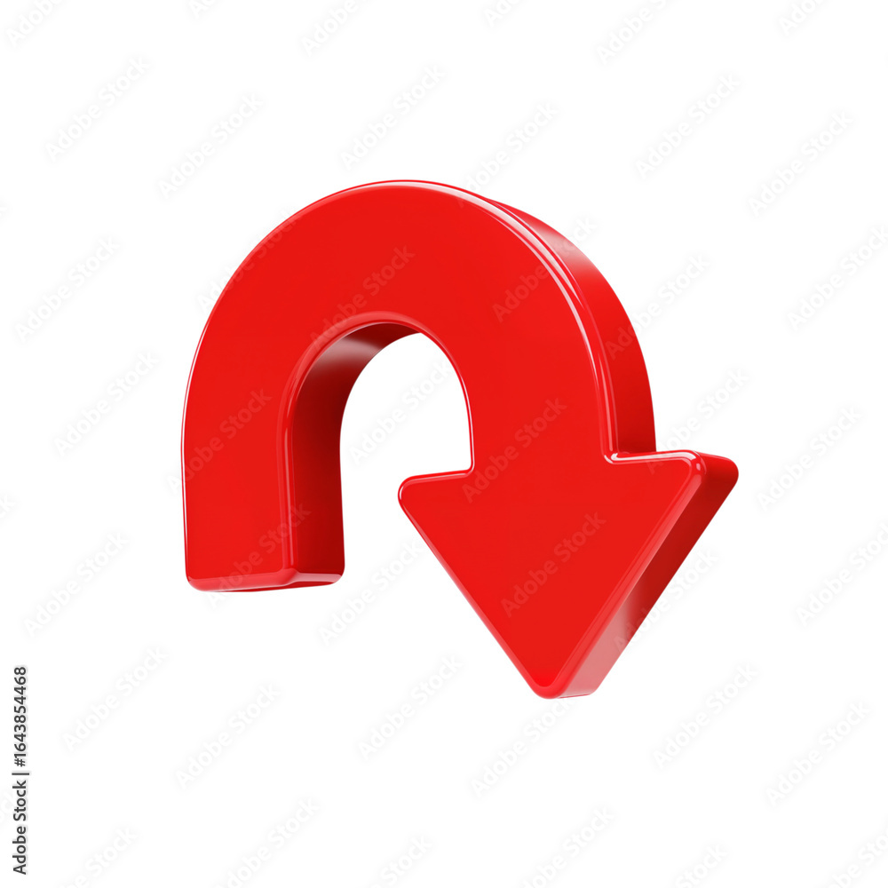 Poster a bold red 3d horseshoe curve arrow pointing downwards and to the right isolated on transparent back