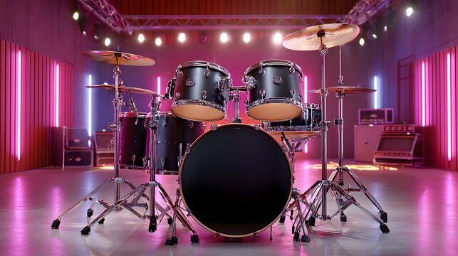 Drum Kit Set Up in a Colorful Rehearsal Studio with Neon Lights and Professional Equipment - Powered by Adobe