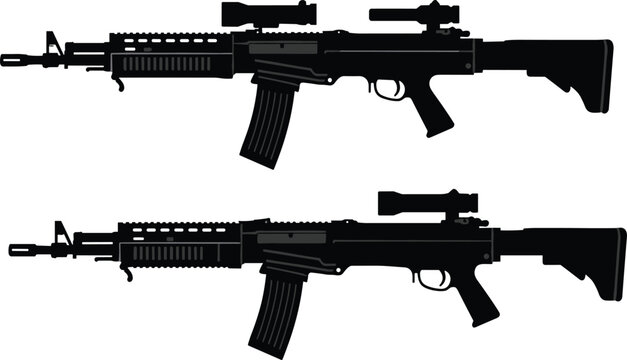 assault rifle silhouette vector illustration, military weapon design, modern firearm outline, tactical gun graphic, black rifle art, combat firearm detailed drawing