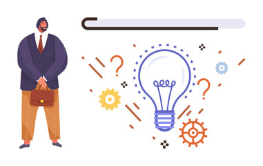 Businessman with briefcase observing progress bar and light bulb, gears, and question marks around. Ideal for innovation, strategy, problem-solving, creativity, planning, business growth motivation