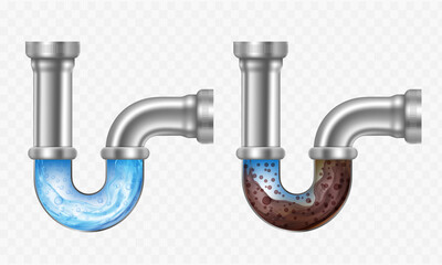 Sink drain pipe with clog. Clean sewer pipe after drain cleaner. Isolated on transparent background. Vector illustration