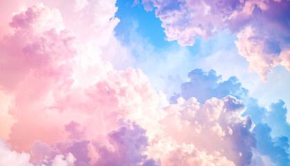 Fototapeta premium Soft pastel nebula with dreamy pink, lavender, and baby blue clouds, blending into a calming cosmic scene with gentle, surreal atmosphere, clouds in the sky