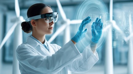 Female Scientist Using Augmented Reality in Renewable Energy Facility