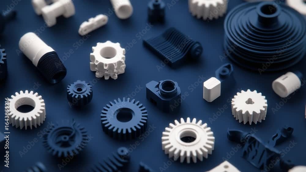 Poster various mechanical gears and components on a dark blue background with different textures and sizes 