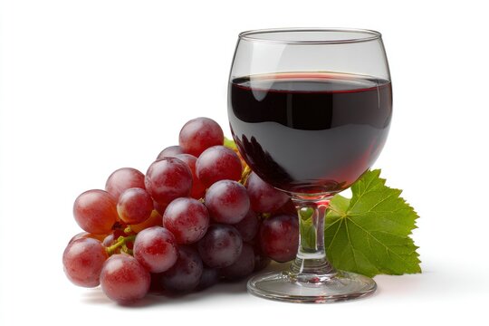 Red wine in a clear glass alongside a cluster of red grapes and a vibrant green leaf all on a plain background - Powered by Adobe