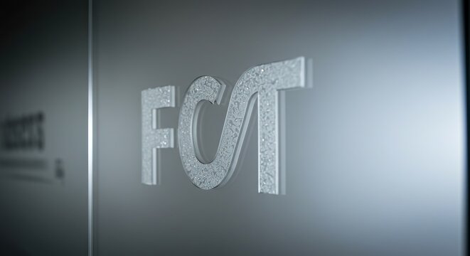 Silvertoned FCT logo textured with small sparkling elements affixed to a sleek gray surface