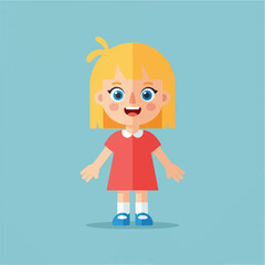 Cute cartoon girl character in a red dress smiling happily. Flat design vector illustration concept of a cheerful and adorable child.