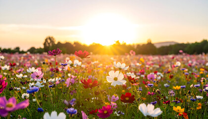 Fototapeta premium Vibrant Field of Wildflowers in Full Bloom Under a Golden Sunset in Nature