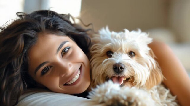 A young Hispanic woman with long dark hair smiles while lying next to a small white dog on a couch. National AKC Responsible Dog Ownership Day
