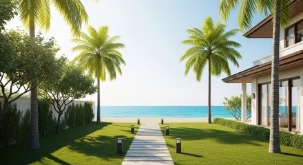 Luxury beach house with palm trees and ocean view on a sunny day