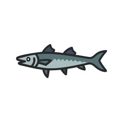 Barracuda fish cartoon on black background swimming illustration