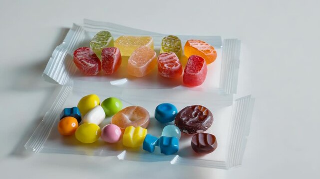 Colorful assorted candies in transparent packaging. Includes gummy bears, chocolate drops, and hard candies. Ideal for sweet treats and desserts.