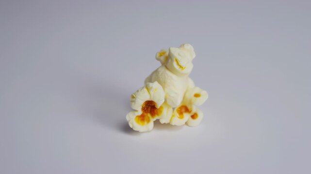 Macro Close-Up of a Single Buttery Popcorn Cluster Slowly Rotating on a Clean White Studio Background