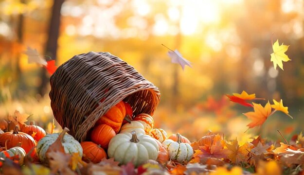 Thanksgiving cornucopia wicker basket overflowing with autumn harvest, orange and white pumpkins, gourds, squash spilling out, surrounded by colorful fall leaves