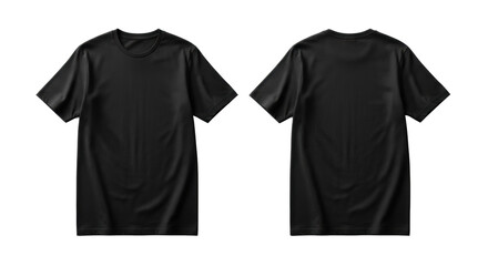 Two identical plain black cotton t-shirts, front and back views, laid flat, smooth and new, on a pristine transparent studio background with even lighting, ultra-realistic UHD product photography