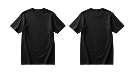 Two identical plain black cotton t-shirts, front and back views, laid flat, smooth and new, on a pristine transparent studio background with even lighting, ultra-realistic UHD product photography