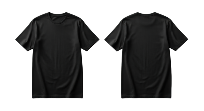 Two identical plain black cotton t-shirts, front and back views, laid flat, smooth and new, on a pristine transparent studio background with even lighting, ultra-realistic UHD product photography