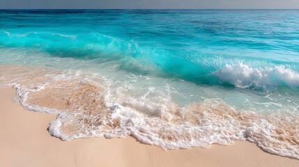 Obraz premium Crystal clear turquoise wave rolling onto a pristine white sand beach