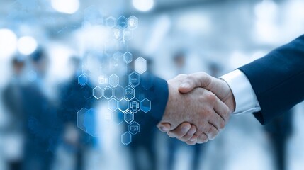 Handshake illustrating data flow, representing business collaboration