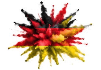 Powerful explosion of vibrant black, red, and golden yellow particulate powder forming abstract clouds and fractal patterns, captured in UHD against a transparent studio background with high-contrast