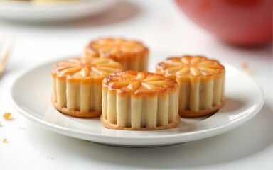 Classic Mid-Autumn Festival Mooncakes on a Pristine White Plate, Featuring a Clean and Minimalist Design. High quality