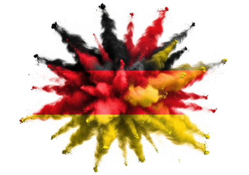 Powerful explosion of vibrant black, red, and golden yellow particulate powder forming abstract clouds and fractal patterns, captured in UHD against a transparent studio background with high-contrast