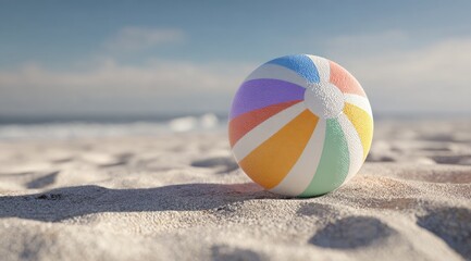 Obraz premium Pastel beach ball rests on a sun-drenched sandy beach near a calm ocean under a clear sky