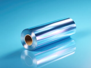 Iridescent metallic film roll on a reflective blue surface, showing subtle rainbow sheen and a cardboard core