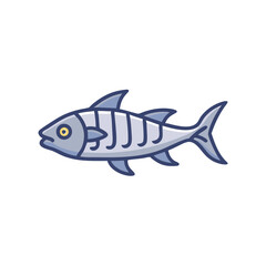 Cartoon fish skeleton illustration with blue outline and black background