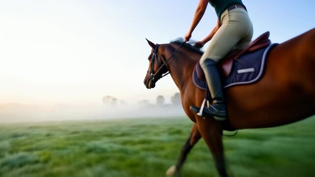 A woman rider is training in an equestrian sport, in a fast gallop on her horse. 4K action video captures the power and speed of the ride.