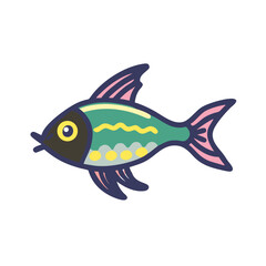 Stylized cartoon fish illustration with colorful details on black