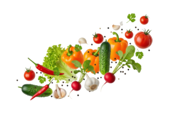 Dynamic, vibrant fresh ripe vegetables including red tomatoes, orange bell peppers, green cucumbers, crisp lettuce, red radishes, garlic, peppercorns, and herbs suspended mid-air against a transparent