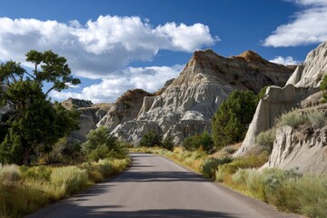 Road cuts through arid landscape lined with scrub and geological formations under cloudy skies
