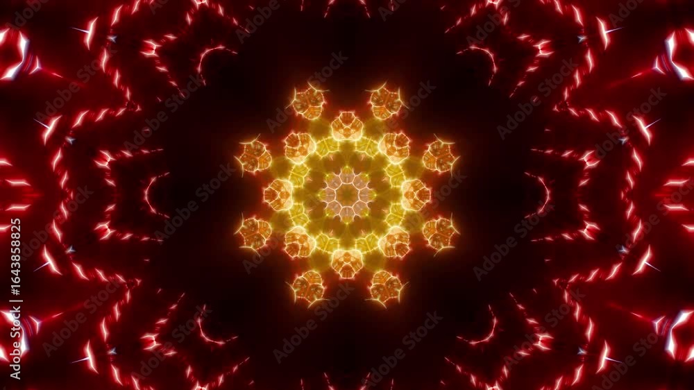 Poster abstract kaleidoscope design with glowing red and yellow patterns.