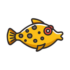 Cartoon illustration of a yellow spotted fish against black