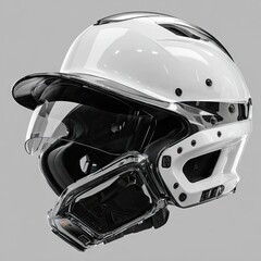 Fototapeta premium Sleek white baseball helmet with attached clear protective facemask and a transparent black device on the side