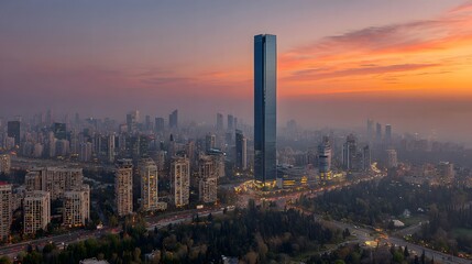 Fototapeta premium Cityscape panorama at sunset, showcasing tall buildings and a parkland area.
