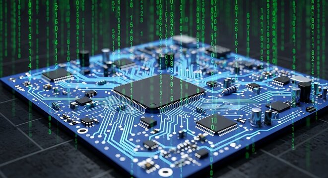 Blue Circuit Board with Central Processor and Falling Green Binary Code computer technology