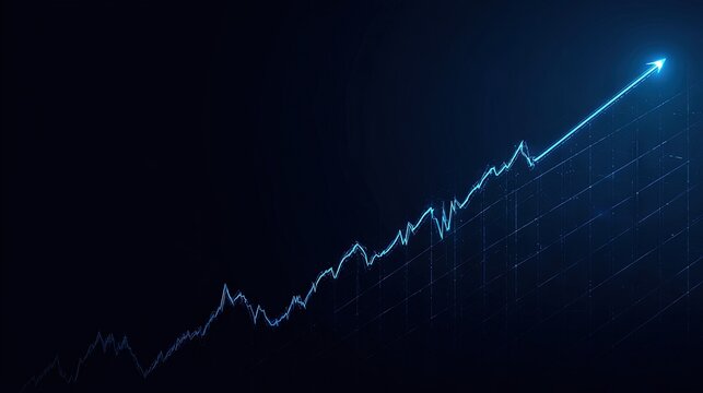 Blue glowing upward arrow on dark background representing positive stock market trend, financial success, and long-term investment growth