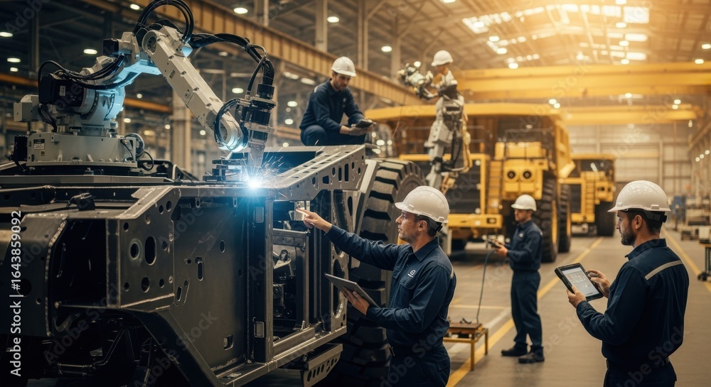 Poster technicians conducting quality checks on robotic welding seams of an autonomous mining truck undergo