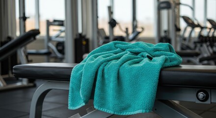 Post-Workout Still Life: A Turquoise Towel on a Bench in a Sunlit Gym