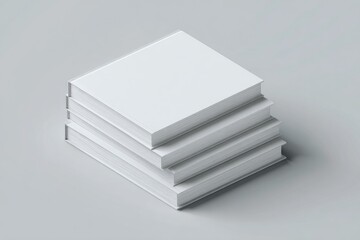 Isometric view of a stack of three blank, white hardback books on a light gray background, subtly shadowed