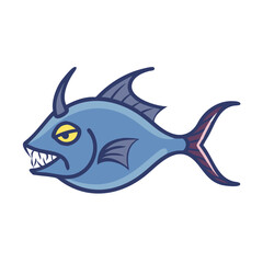 Cartoonish angry blue fish with sharp teeth on black