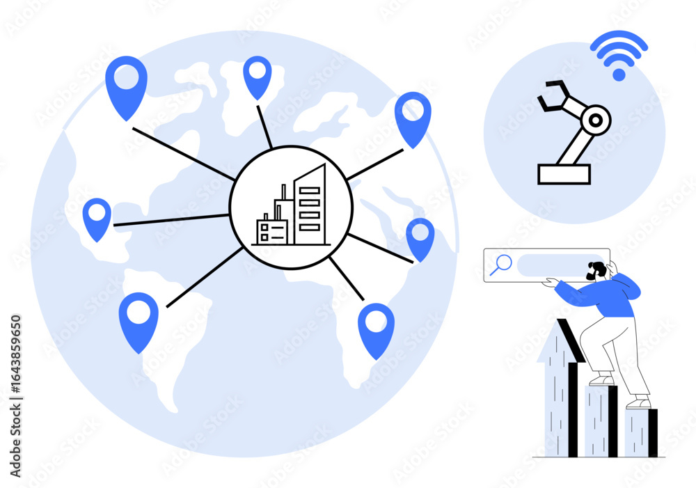 Poster factory at center of global map network connected to multiple locations, robotic arm with wireless s