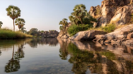 Calm river reflecting a serene landscape.